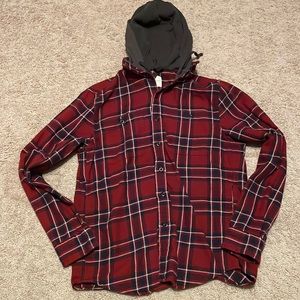 American Eagle Hooded Flannel. Color - Red, navy blue, black. Size - Small